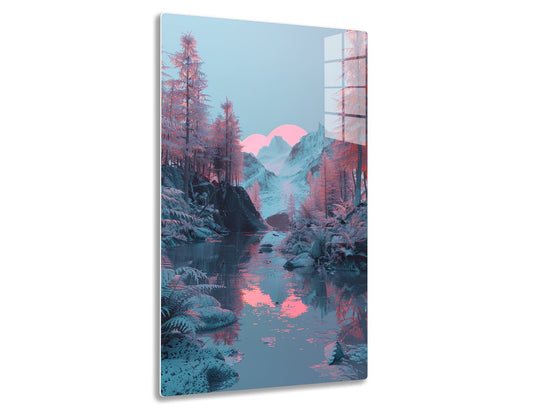 A tranquil mountain landscape with towering snow-capped peaks, evergreen trees, and a serene lake reflecting the surreal pink sunrise or sunset hues in the sky.
