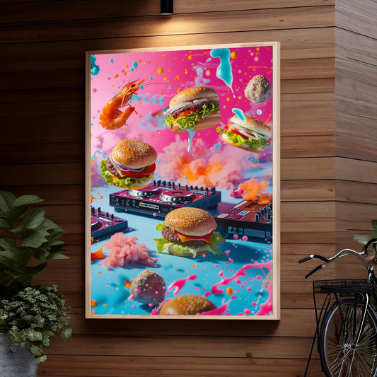 Hamburgers and shrimp dance amid colorful splashes and a DJ setup, creating a whimsical and vibrant scene combining food and music elements.
