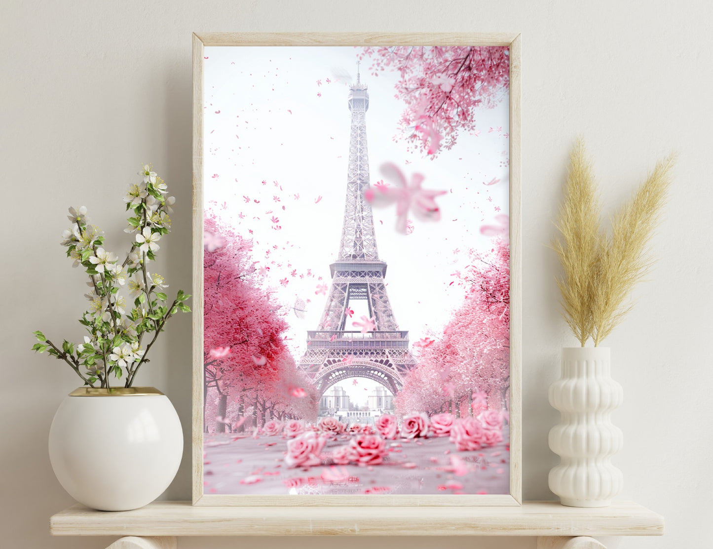 The Eiffel Tower in Paris surrounded by dreamy pink cherry blossoms, creating a romantic and whimsical atmosphere.
