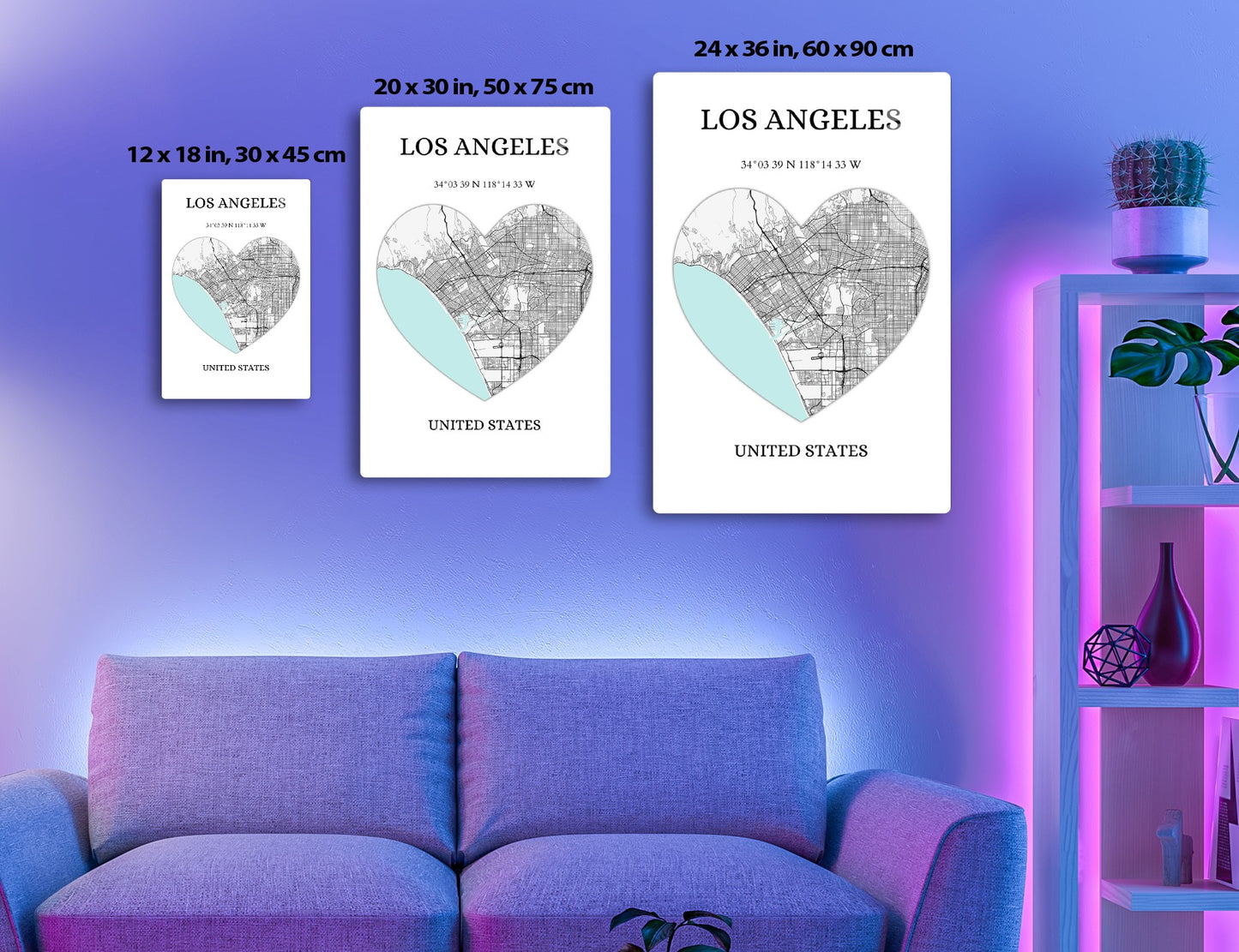 Map of Los Angeles in a heart shape, showing city streets with coordinates 34°03'39"N 118°14'33"W, blue area representing the ocean
