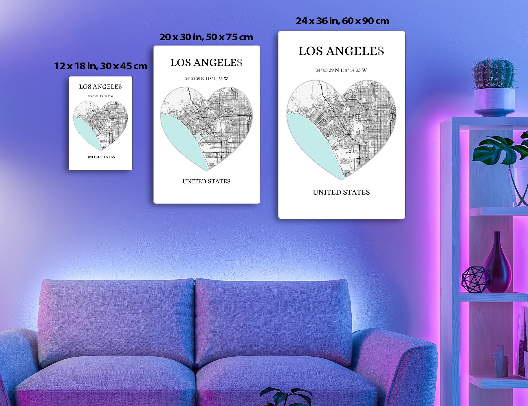 Map of Los Angeles in a heart shape, showing city streets with coordinates 34°03'39"N 118°14'33"W, blue area representing the ocean
