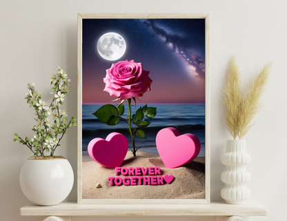 A single red rose against a night sky with a full moon and the Milky Way galaxy, accompanied by two pink heart shapes and the text "Forever Together" on a beach, representing eternal love.
