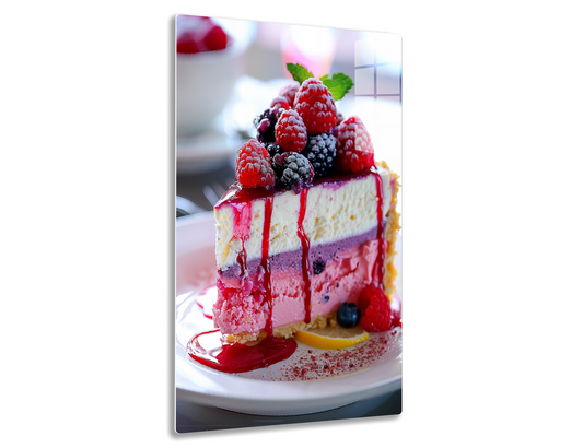 A decadent layered cake adorned with fresh raspberries, blackberries, and a vibrant raspberry sauce dripping down the sides, served on a white plate.
