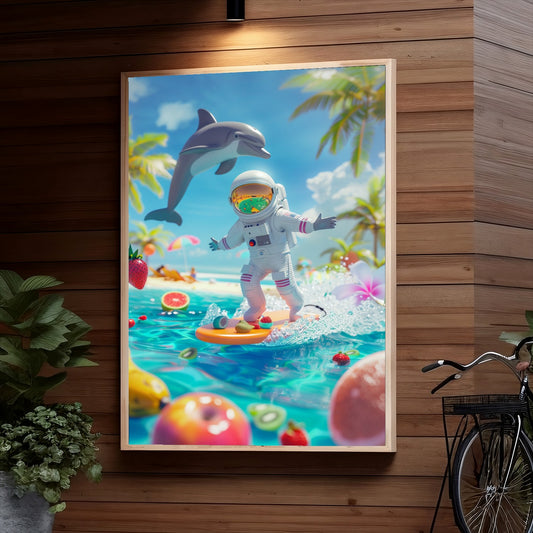 An astronaut surfing on fruit slices in a tropical ocean setting, accompanied by a friendly dolphin and surrounded by palm trees, creating a whimsical and imaginative scene.
