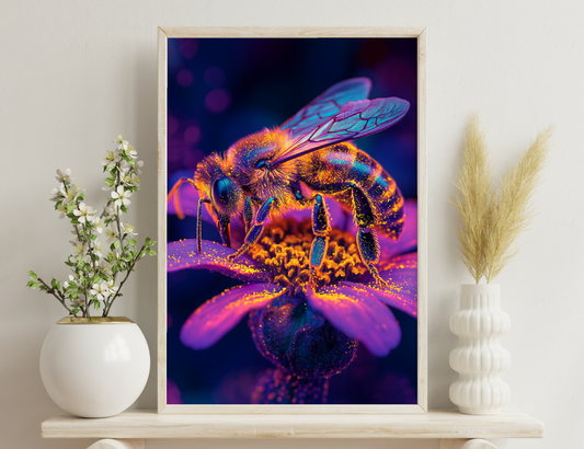 Vibrant macro photograph of a bee pollinating a purple flower, revealing iridescent colors and intricate details of the insect and petals.
