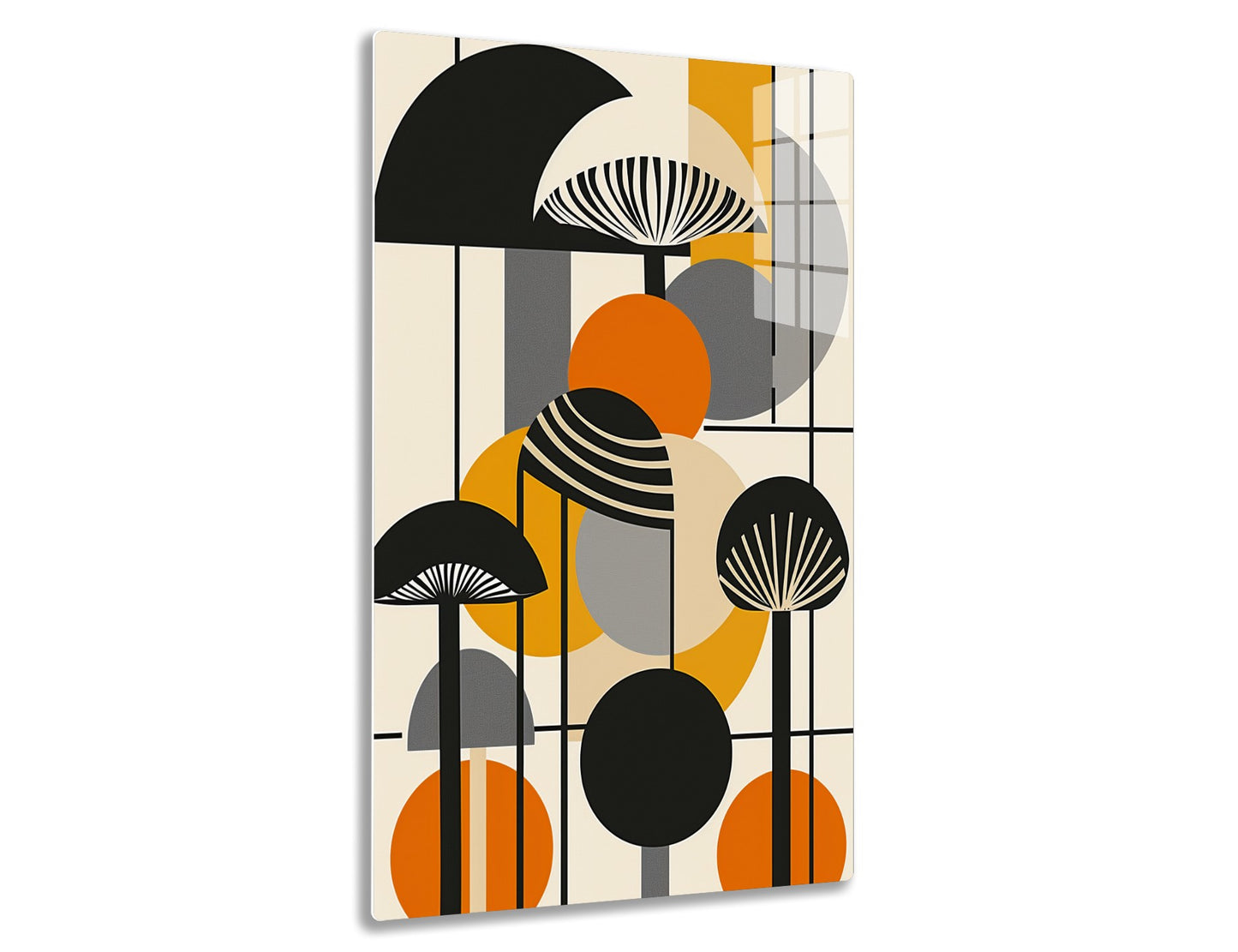Geometric abstract composition with black semi-circles, orange orbs, and striped mushroom-like shapes against a beige, gray, and yellow background in an Art Deco style.
