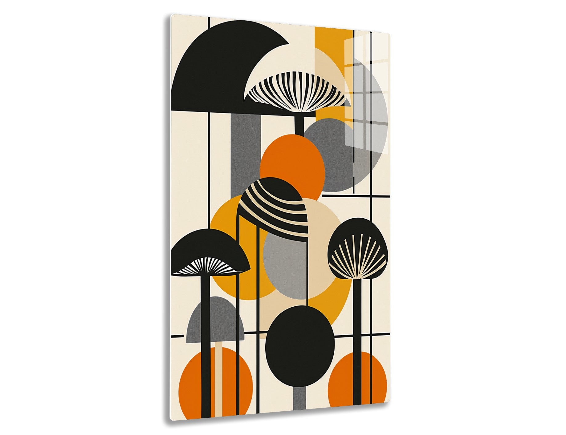 Geometric abstract composition with black semi-circles, orange orbs, and striped mushroom-like shapes against a beige, gray, and yellow background in an Art Deco style.
