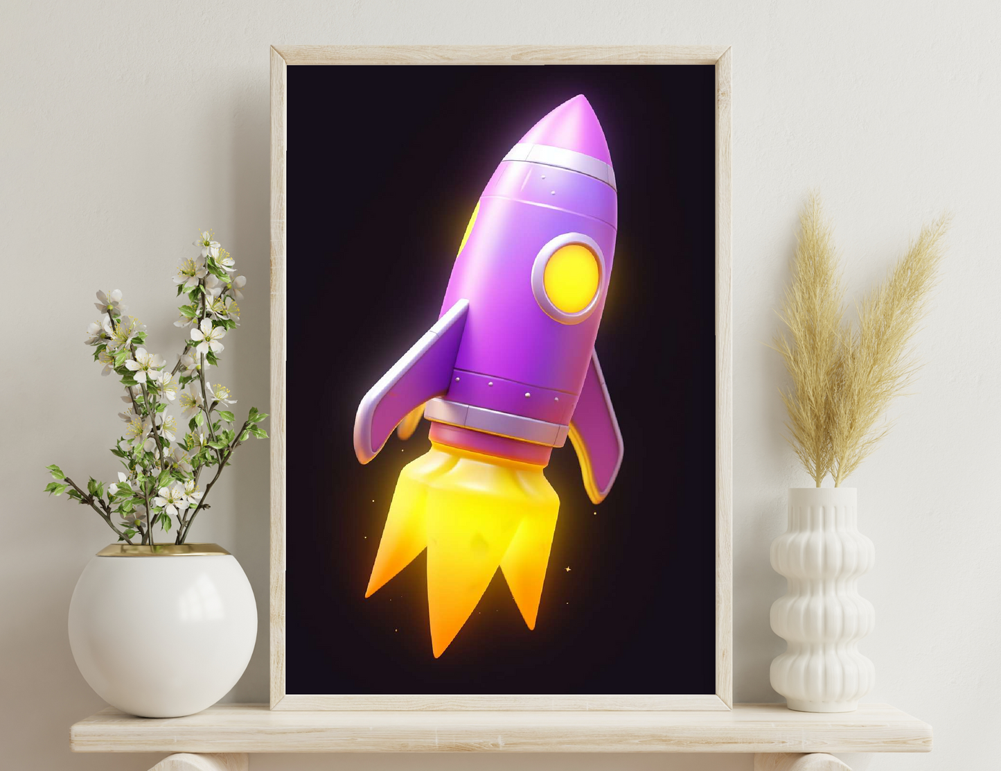 A stylized purple and yellow rocket with a glowing porthole window and exhaust plume blasting off against a dark background.
