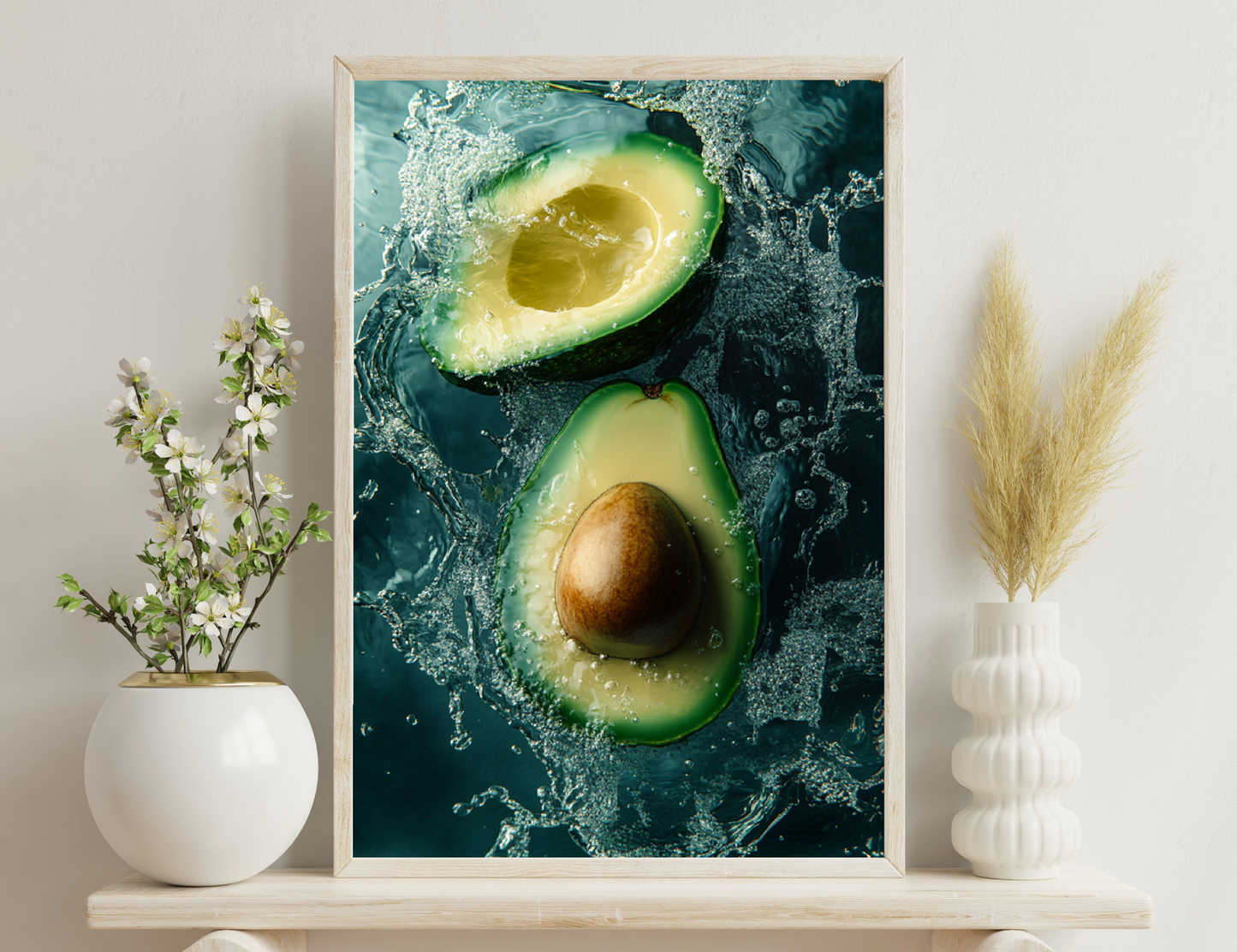 Fresh avocados submerged in water with splashing bubbles creating an artistic underwater composition.
