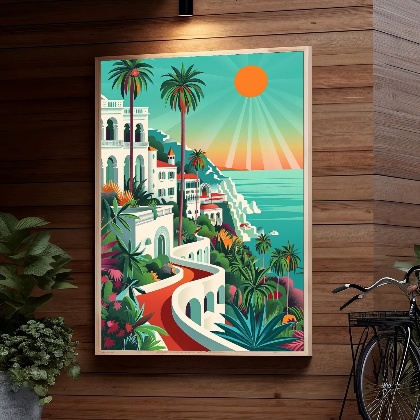 Mediterranean seaside town with colorful architecture, winding paths, palm trees, and a vivid sunset overlooking the ocean. An idyllic, dreamy illustration capturing the region's charm.
