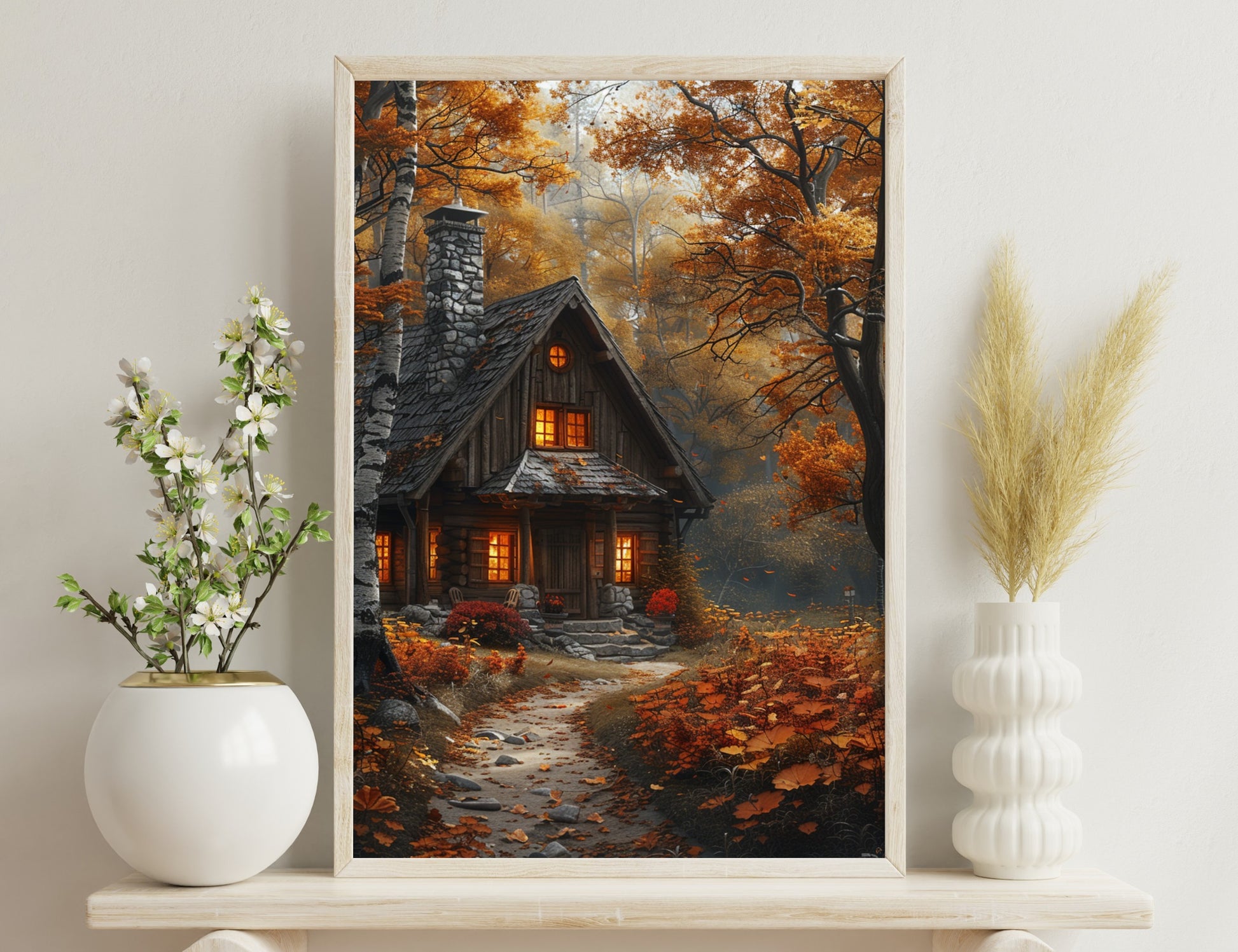 A charming rustic cabin nestled in an autumn forest, with warm lights glowing through the windows and fallen leaves surrounding the stone path leading to its doorstep.

