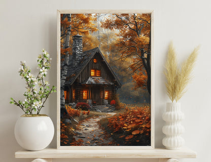 A charming rustic cabin nestled in an autumn forest, with warm lights glowing through the windows and fallen leaves surrounding the stone path leading to its doorstep.
