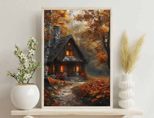 A charming rustic cabin nestled in an autumn forest, with warm lights glowing through the windows and fallen leaves surrounding the stone path leading to its doorstep.
