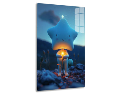 A glowing blue star-like creature with a smiling face stands in a snowy forest scenery at night, illuminating an orange bioluminescent mushroom in front of it amidst the dark surroundings.
