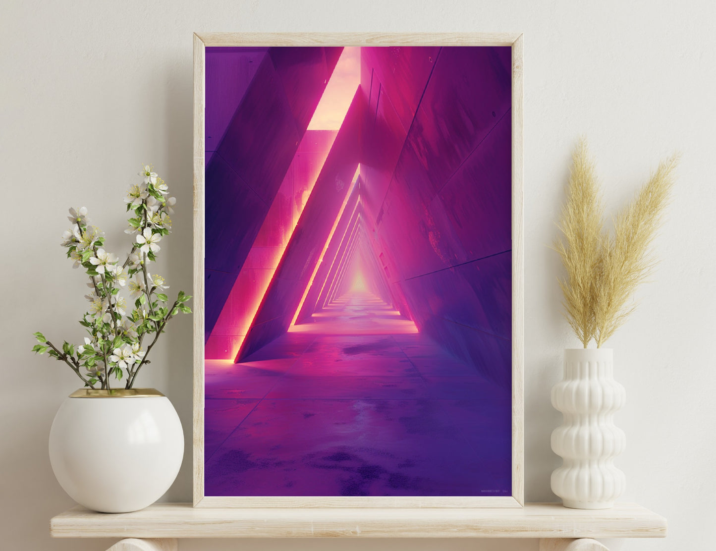 An abstract triangular tunnel structure with vibrant neon pink and purple lighting, creating an illusion of depth and geometric patterns.
