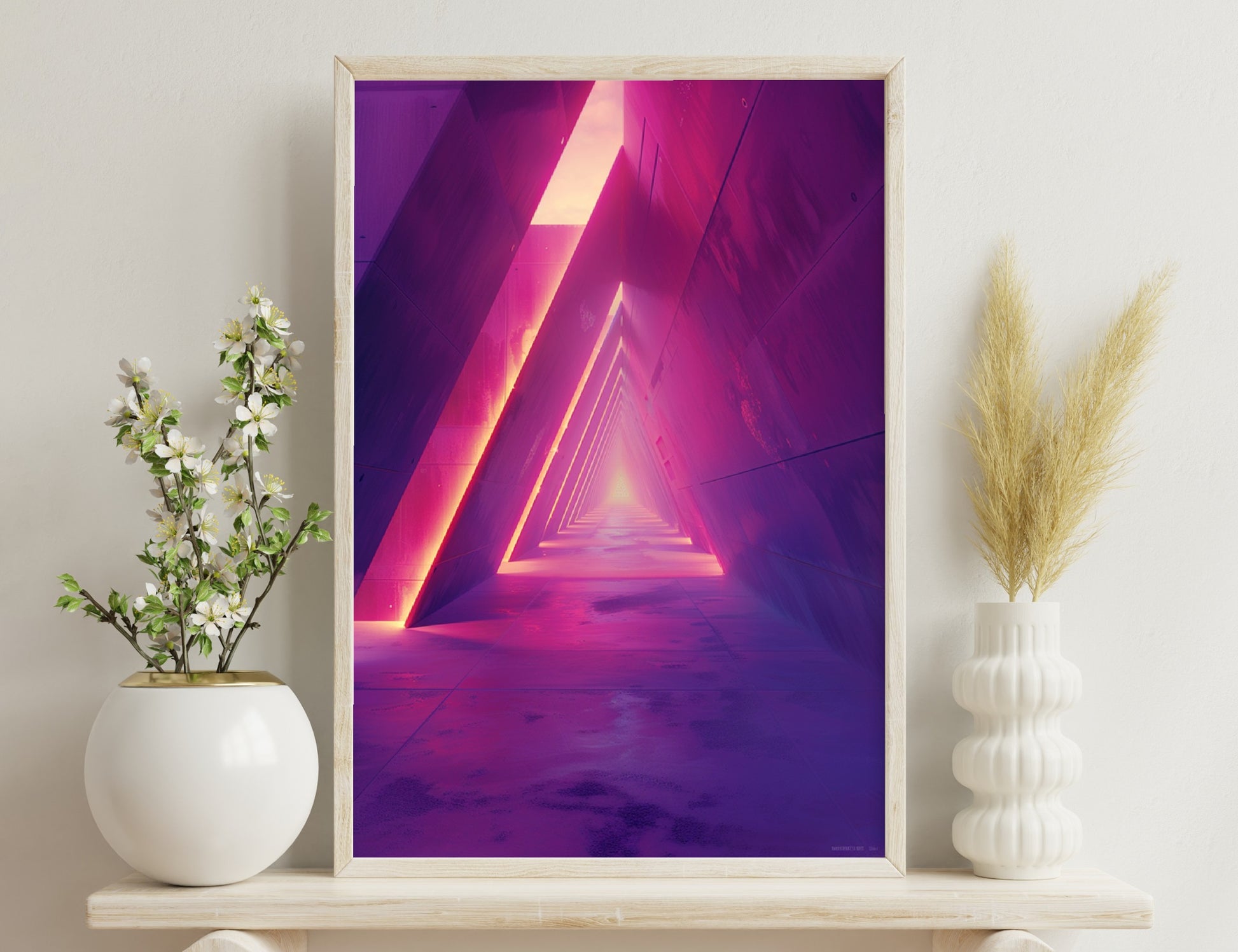 An abstract triangular tunnel structure with vibrant neon pink and purple lighting, creating an illusion of depth and geometric patterns.
