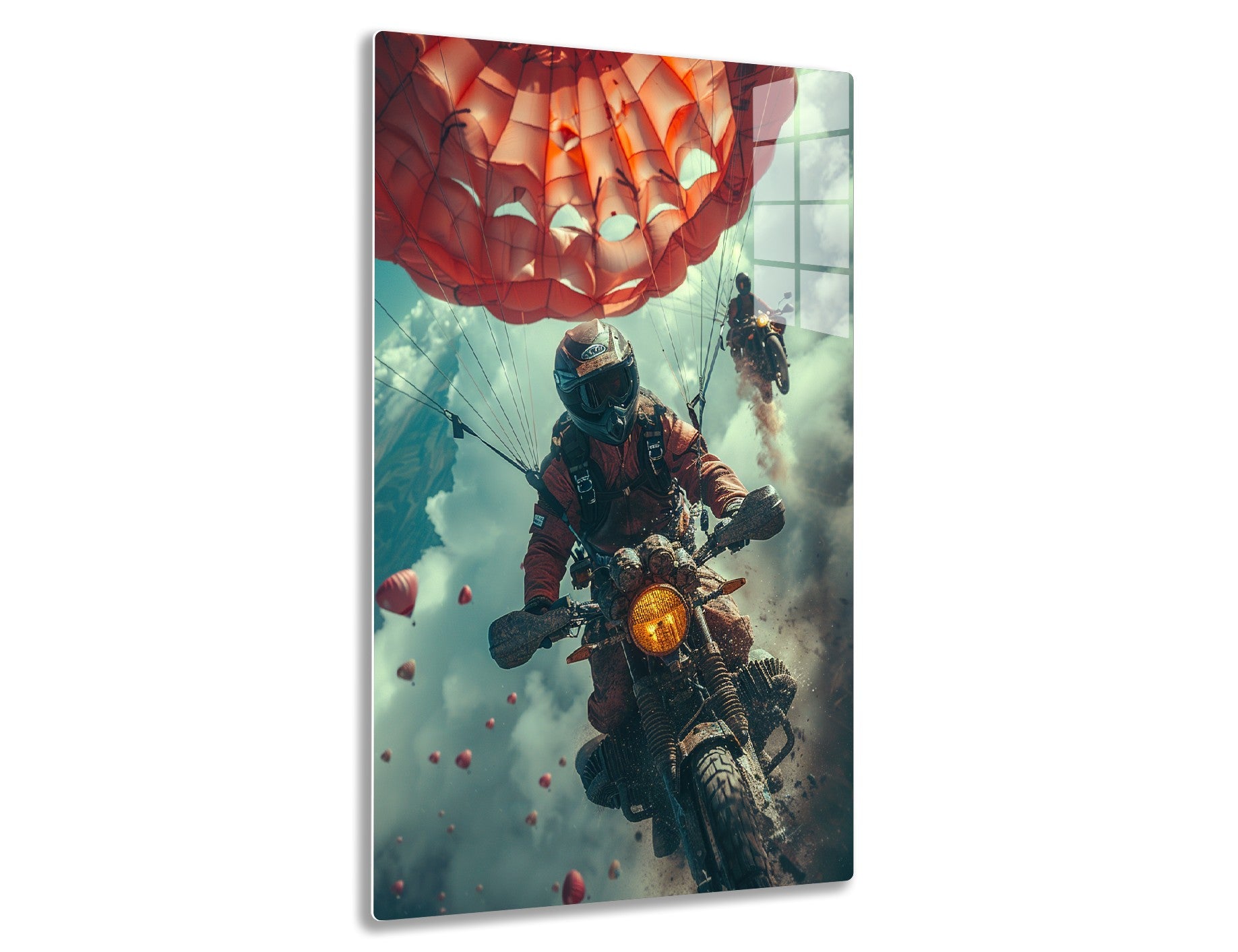 A daring motorcyclist with a parachute backpack jumps from a motorcycle mid-air, surrounded by hot air balloons in a surreal sky, creating an adventurous and gravity-defying scene.

