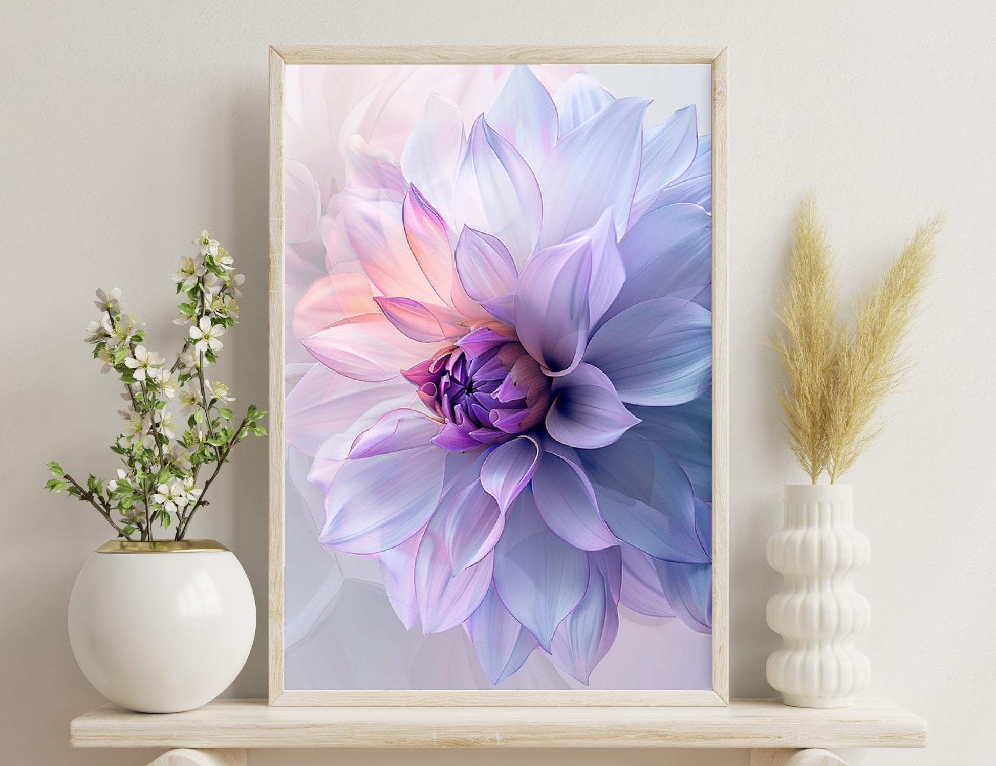 A stunning close-up of a dahlia flower with delicate lavender and pink petals radiating from its vibrant purple center, creating a mesmerizing abstract floral pattern.
