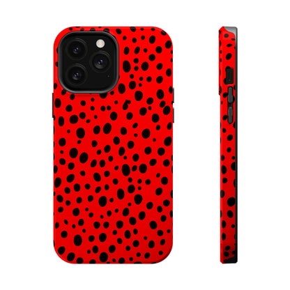 Dotted Delight - Red (iPhone MagSafe Case)Elevate your iPhone's style with the Red backdrop with varied black dots MagSafe Case, offering robust protection, MagSafe compatibility, and a choice of matte or glRimaGallery