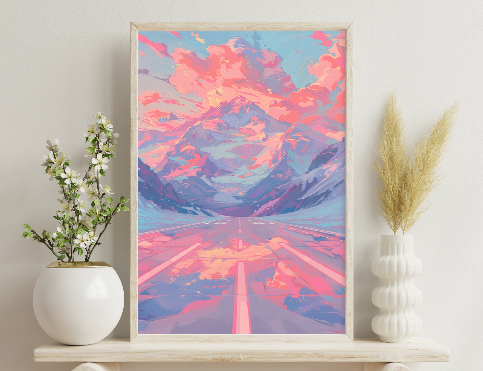 Stunning digital artwork depicting a majestic snow-capped mountain peak surrounded by vibrant pink and blue clouds, reflected in a still lake with a long road leading towards the mountain under a dramatic sky.
