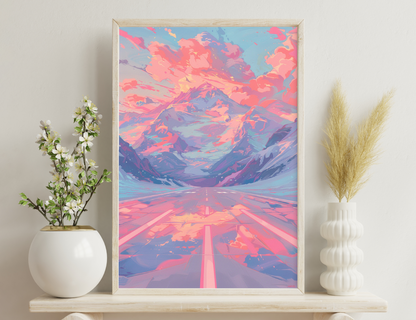 Stunning digital artwork depicting a majestic snow-capped mountain peak surrounded by vibrant pink and blue clouds, reflected in a still lake with a long road leading towards the mountain under a dramatic sky.

