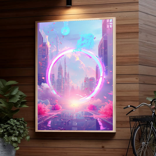 A futuristic cityscape with towering skyscrapers framed by a massive pink holographic circle, floating pink petals, fluffy clouds, and a reflecting pool in the foreground surrounded by vibrant pink blossoming trees.
