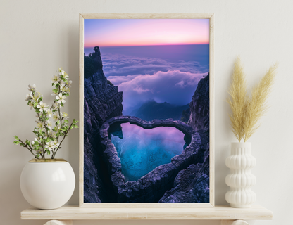 A heart-shaped turquoise lake nestled between towering rocky cliffs, with clouds filling the valley below at sunset, creating a breathtaking aerial vista.
