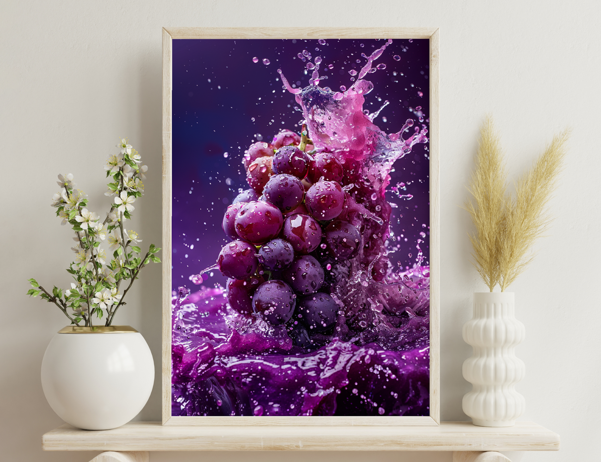 A cluster of ripe purple grapes with water droplets splashing around them, creating a vibrant and dynamic image against a purple background.

