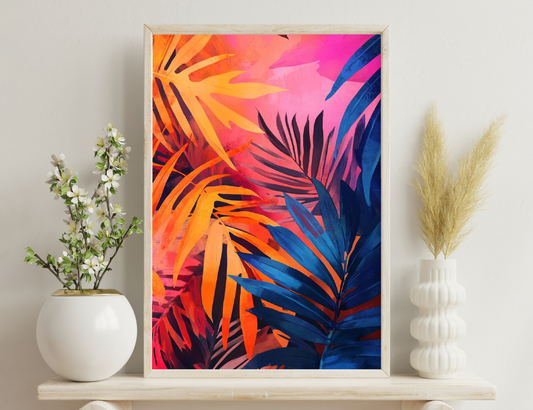 Vibrant abstract illustration of stylized tropical palm leaves in shades of orange, pink, and blue, evoking a warm and vivid atmosphere.
