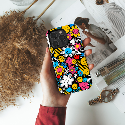 Cheerful Smiley Faces  (iPhone Case 11-15)-Elevate your iPhone's protection and style with RimaGallery'sA playful phone case with a cheerful mix of smiley faces and colorful flowers On case, featuring dual-la-smiley faces