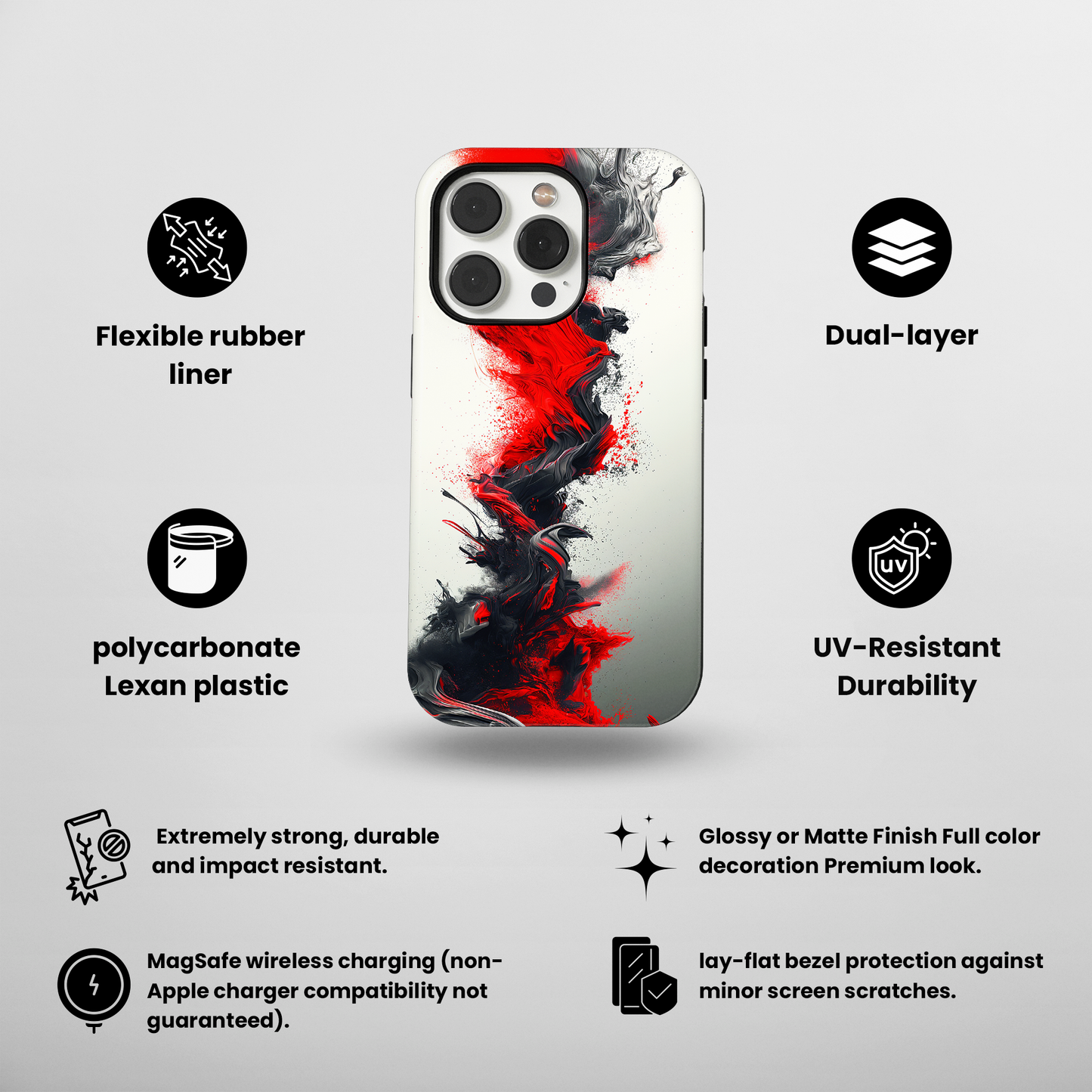 Scarlet Swish (iPhone MagSafe Case)Elevate your iPhone's protection and style with RimaGallery's Dynamic swirls of red on a MagSafe Case against a dark backdrop. Enjoy dual-layer defense, vibrant desiRimaGallery