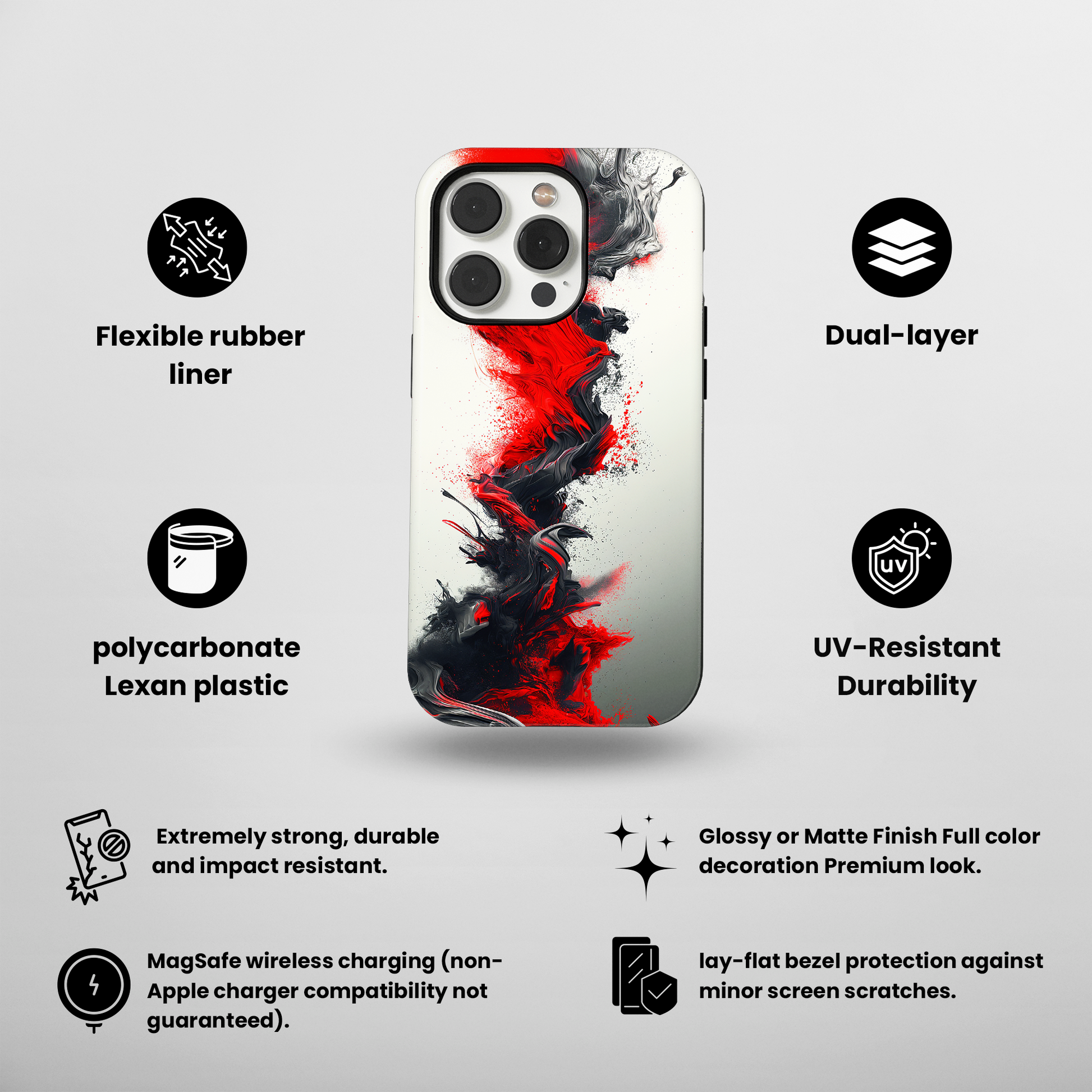 Scarlet Swish (iPhone MagSafe Case)Elevate your iPhone's protection and style with RimaGallery's Dynamic swirls of red on a MagSafe Case against a dark backdrop. Enjoy dual-layer defense, vibrant desiRimaGallery