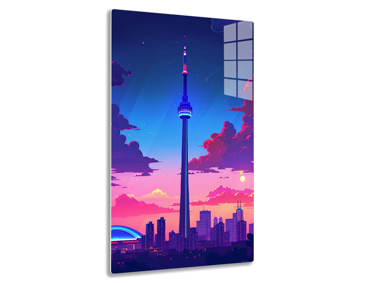 A stylized illustration of the Toronto skyline at sunset or dusk, featuring the iconic CN Tower prominently lit up against a vibrant pink, purple and blue sky with clouds.
