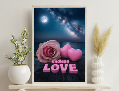 A full moon and Milky Way galaxy shine over a calm lake at night, with a pink rose, heart-shaped objects, and the text "endless LOVE" in the foreground, creating a romantic scene.
