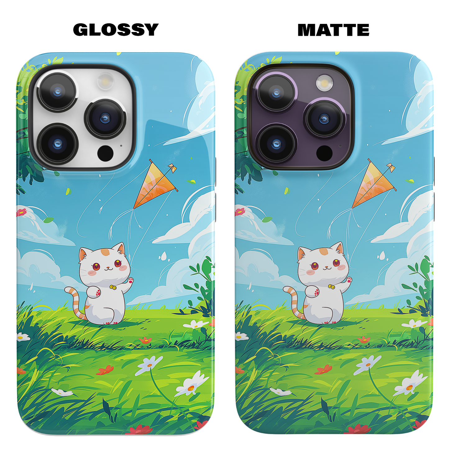 Kite Kitty (iPhone MagSafe Case)Elevate your iPhone's protection and style with RimaGallery's A charming illustration of a kitten flying a kite on a sunny daye on iphone MagSafe Case against a darkRimaGallery