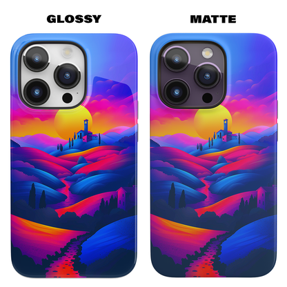 Sunset Serenity (iPhone MagSafe Case)Elevate your iPhone's protection and style with RimaGallery's Vivid sunset over rolling hills illustrated on iphone MagSafe Case against a dark backdrop. Enjoy dual-RimaGallery