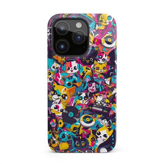 Pop Frenzy (iPhone Case 11-15)Elevate your iPhone's protection and style with RimaGallery's A lively mix of colorful cartoon animals and pop elements On case, featuring dual-layer defense and a sRimaGallery