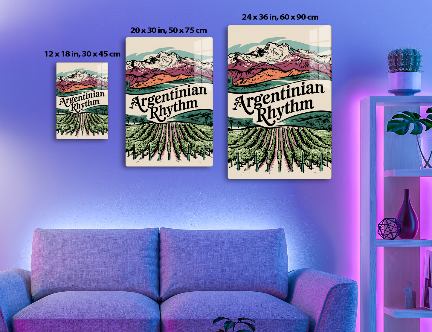 Vintage-style illustration depicting snow-capped mountains, fields with rows of trees or plants (possibly a vineyard), and the text "Argentinian Rhythm" in a stylized font, evoking the natural scenery and culture
