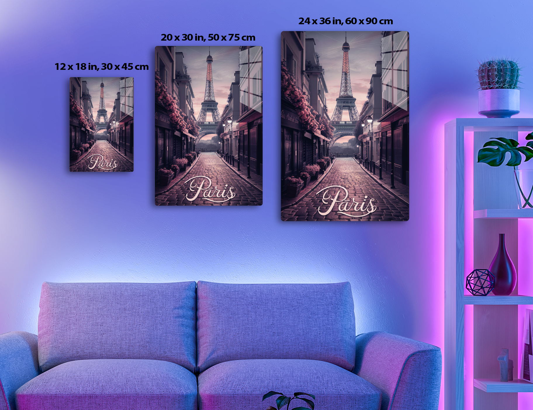 A cobblestone street in Paris lined with buildings overlooking the Eiffel Tower at sunset, with the word "Paris" written in a cursive font at the bottom.
