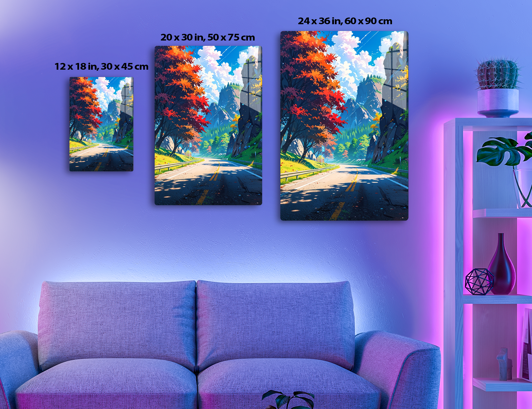 An autumn mountain road winding through towering cliffs with vibrant fall foliage, a flowing river by the roadside under a blue sky with white clouds.
