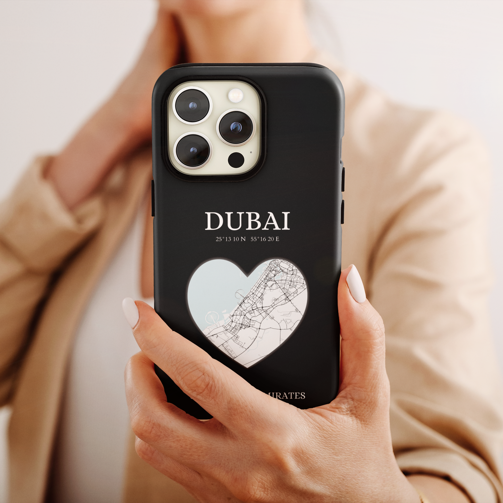 Dubai Heartbeat - Black (iPhone Case 11-15)Elevate your iPhone with RimaGallery's Dubai York Heartbeat case. Sleek design meets durability for stylish protection. Free US shipping.RimaGallery