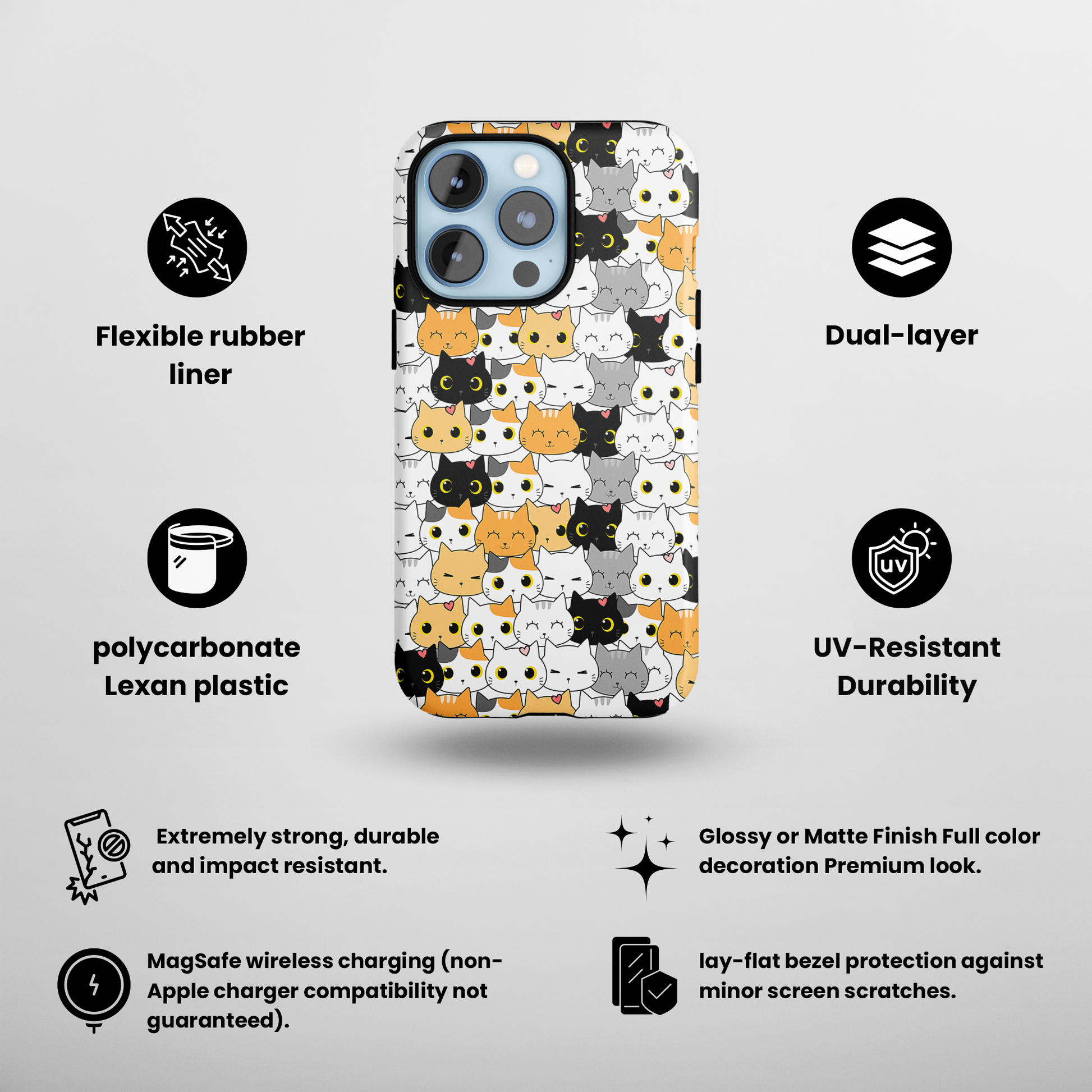 Kitten Kaleidoscope (iPhone MagSafe Case)Elevate your iPhone's style with Cute pattern of varied cartoon cats MagSafe Case, offering robust protection, MagSafe compatibility, and a choice of matte or glossyRimaGallery