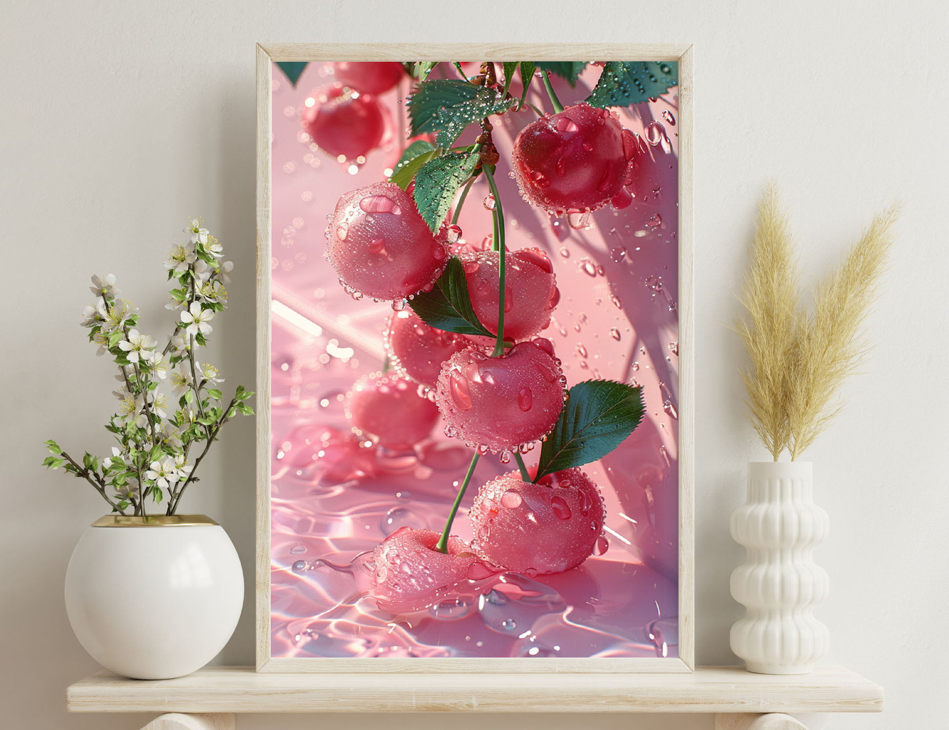 Dew-covered red rose blooms with green leaves against a soft pink blurred background.
