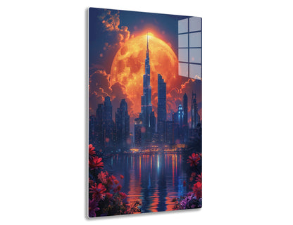A surreal image depicting the Dubai skyline silhouetted against an enormous glowing moon, with vibrant clouds and reflections in the water surrounded by blooming red flowers.
