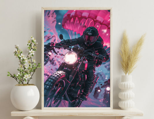 A motorcyclist in full protective gear rides through a vibrant, neon-lit environment with pink and blue hues, creating a cyberpunk-esque atmosphere.
