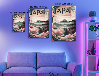 Vintage-style travel poster depicting a scenic Japanese landscape with Mount Fuji, a pagoda, cherry blossoms, and the word "Japan" in large text.
