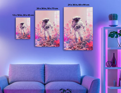 An astronaut in a white spacesuit walks on a rocky, pink-hued alien landscape with colorful, abstract plant-like elements surrounding them.
