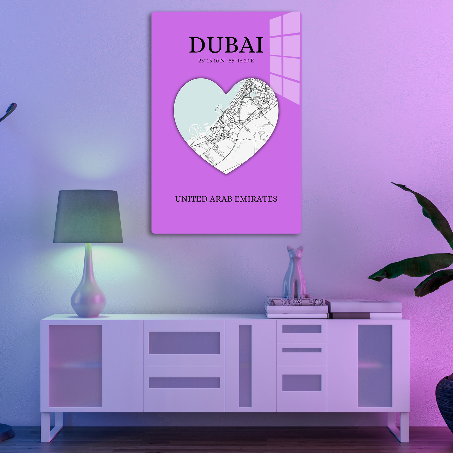 Dubai Heartbeat - Purple (Acrylic)Step into the universe with Vibrant purple Dubai souvenir featuring a heart and map. Acrylic art from RimaGallery. Experience the cosmos in your home with vibrant, eRimaGallery