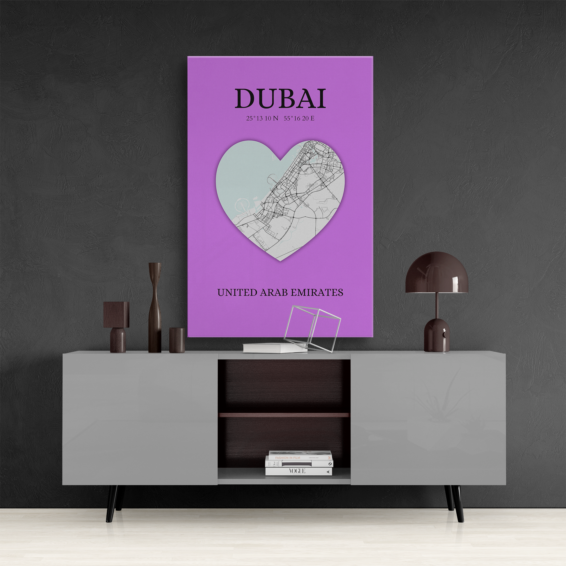 Dubai Heartbeat - Purple (Canvas)Dubai map on a lavender canvas with a heart cutout. Shop now for innovative products designed to enhance your digital lifestyle. Fast shipping!RimaGallery