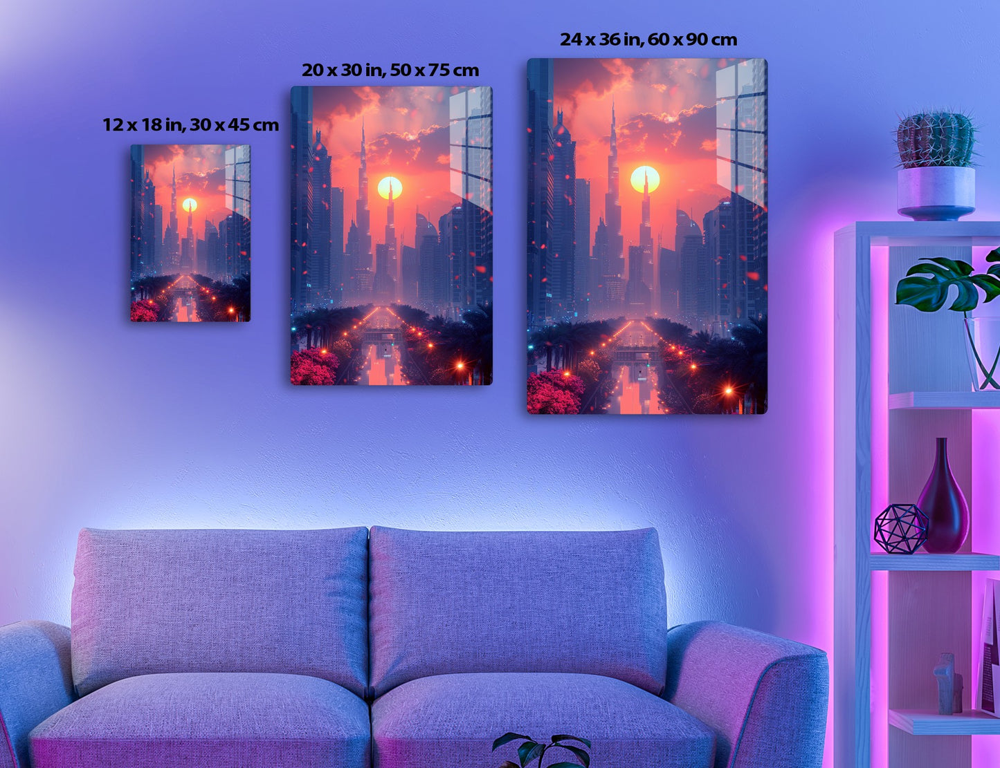 A vibrant and futuristic cityscape in Dubai during a striking sunset, with the iconic Burj Khalifa towering over the skyline and the warm glow illuminating the tall skyscrapers and palm trees.
